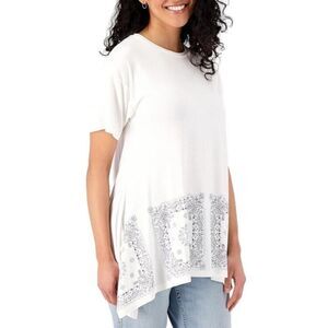 Laurie Felt Silky Bamboo Paisley Round Neck Tunic Shirt White 3X Multi-White